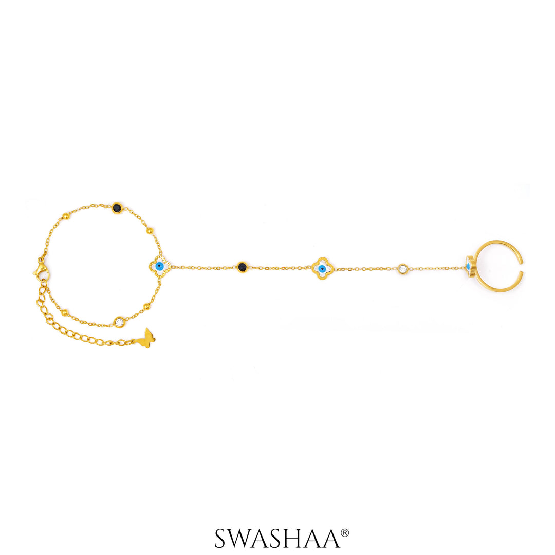 Anaya Evil Eye Clover 18K Gold Plated Ring Bracelet