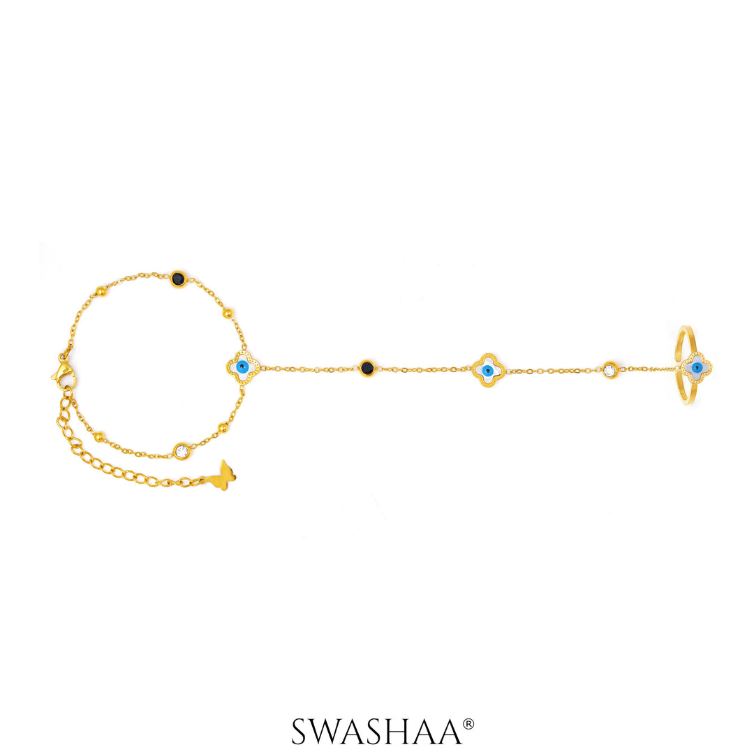 Anaya Evil Eye Clover 18K Gold Plated Ring Bracelet