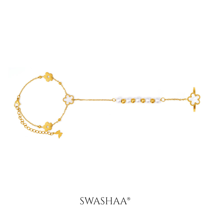 Anvika White Enamel Flower 18K Gold Plated Ring Bracelet