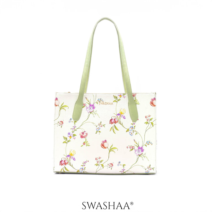 Ashno Floral White Leather Tote Bag