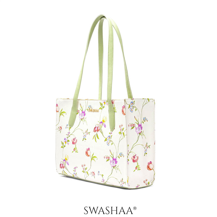 Ashno Floral White Leather Tote Bag