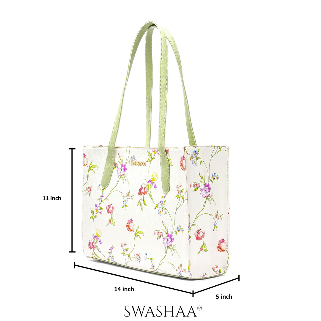 Ashno Floral White Leather Tote Bag