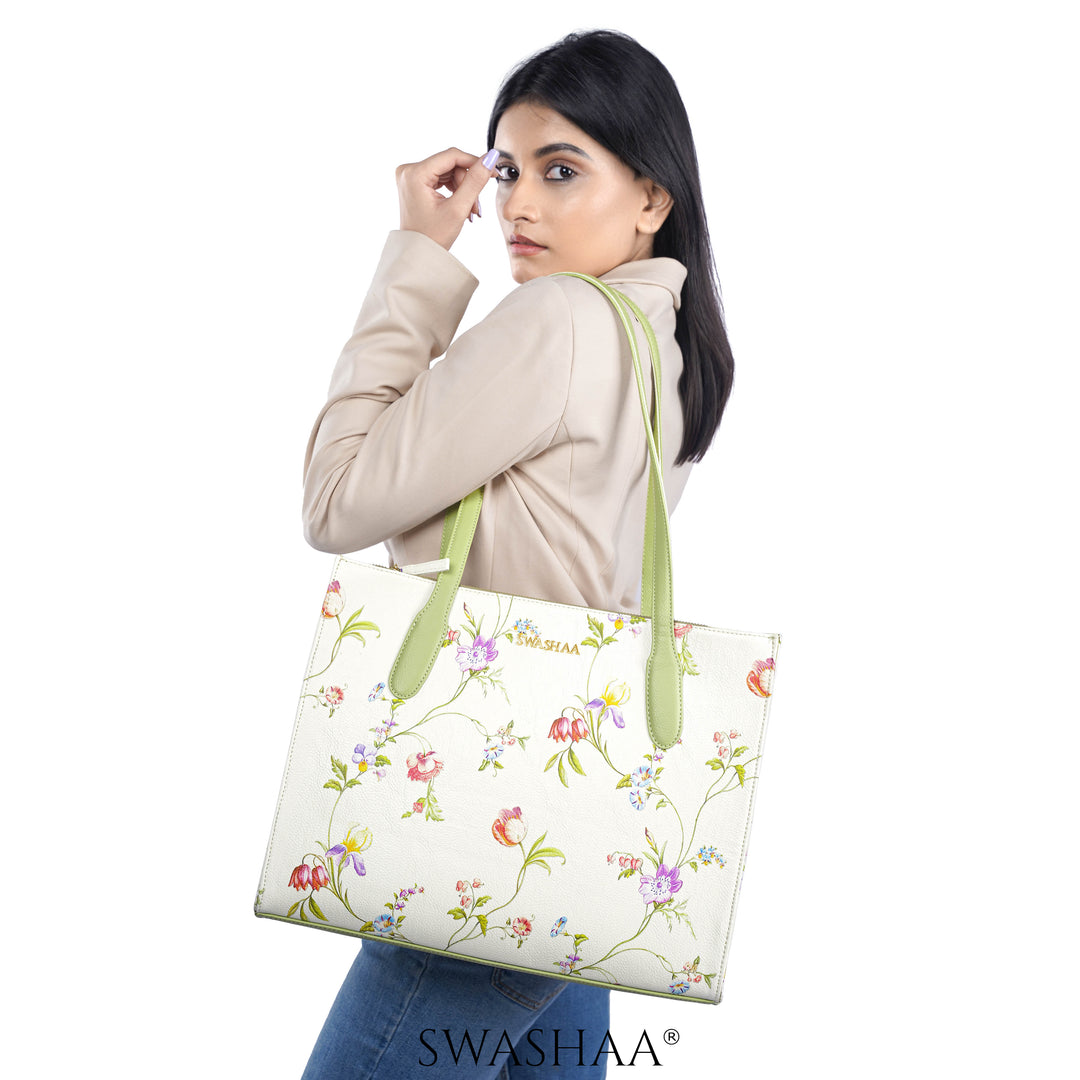 Ashno Floral White Leather Tote Bag