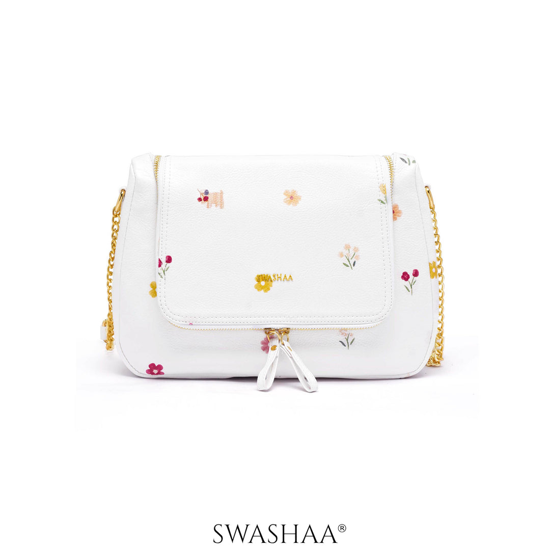 Garden Gems White Leather Shoulder Bag