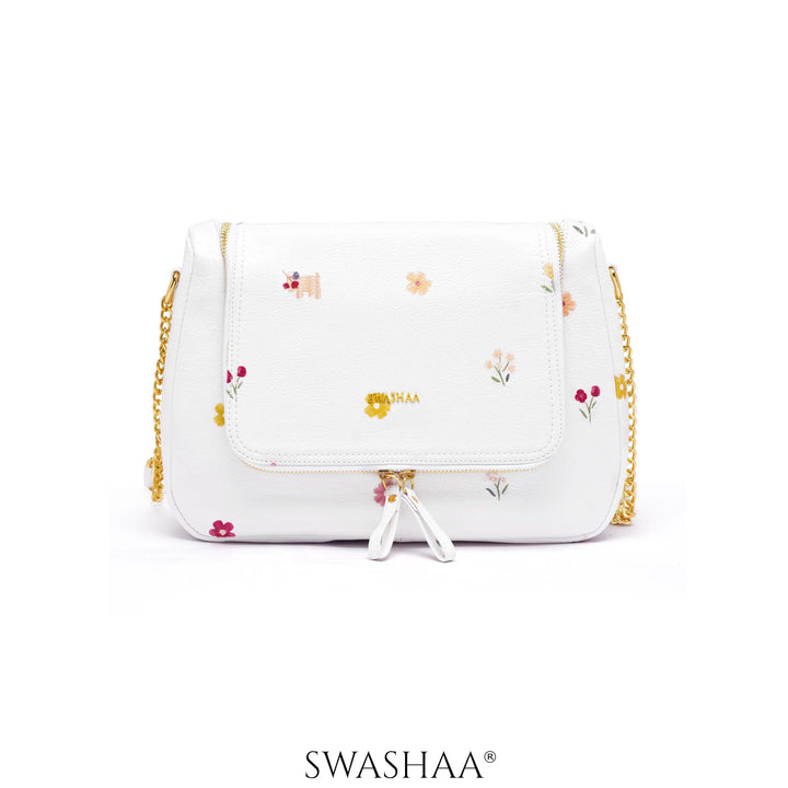 Garden Gems White Leather Shoulder Bag