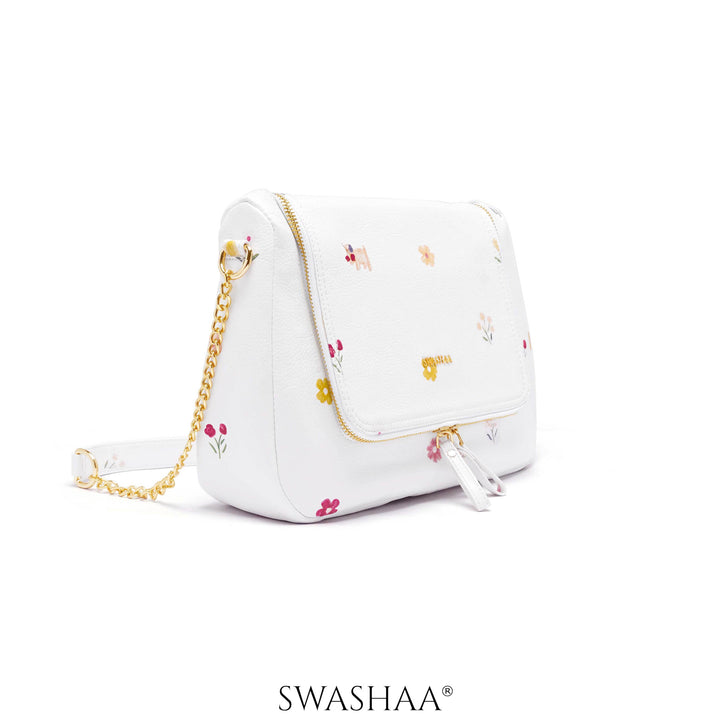 Garden Gems White Leather Shoulder Bag