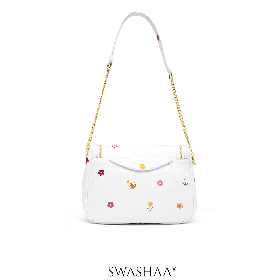 Garden Gems White Leather Shoulder Bag