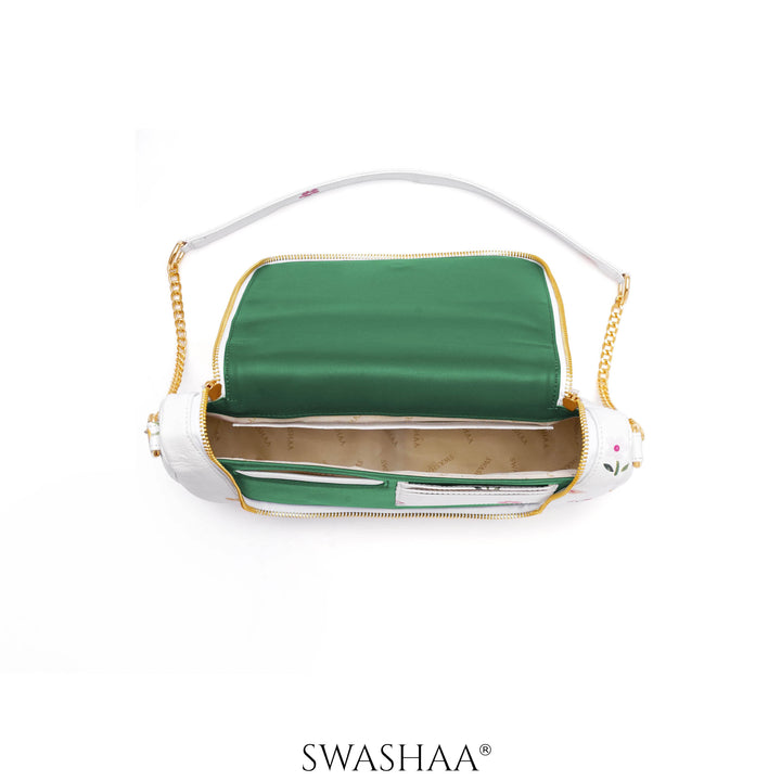 Garden Gems White Leather Shoulder Bag