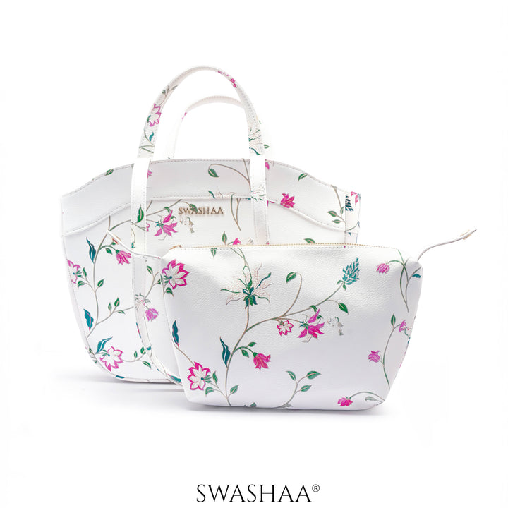 Hemi Floral White Leather Shoulder Bag