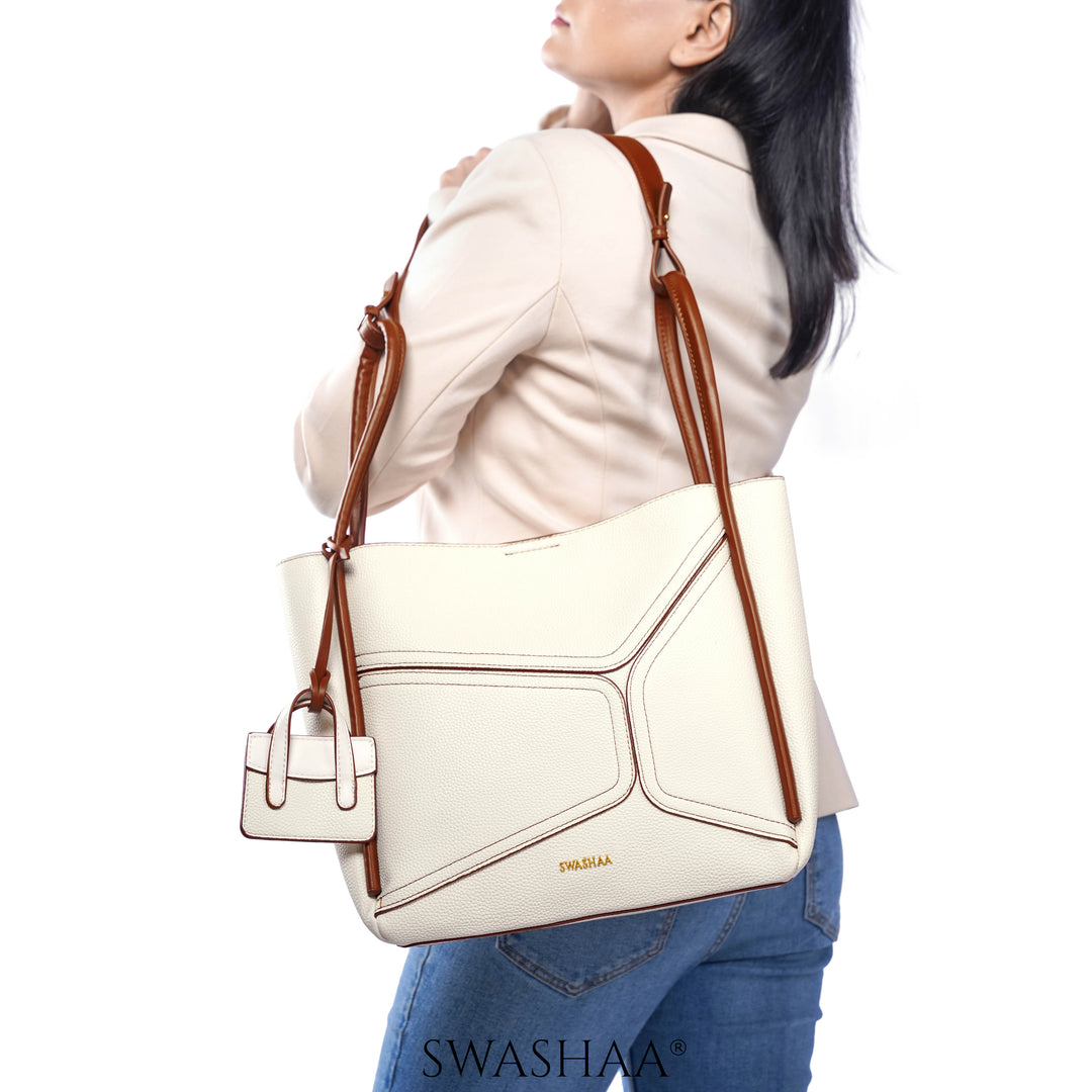 Mic Cream Leather Tote Bag