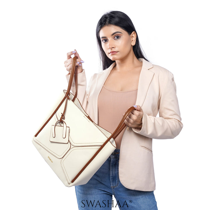 Mic Cream Leather Tote Bag