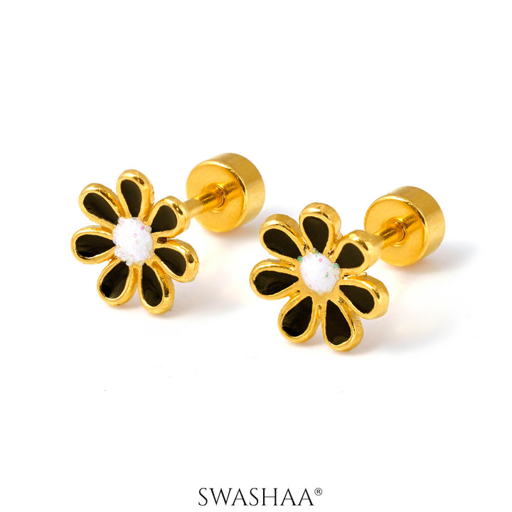 Miss Black Flower 18K Gold Plated Kid's Earrings