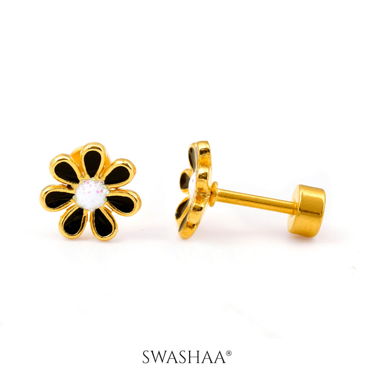 Miss Black Flower 18K Gold Plated Kid's Earrings