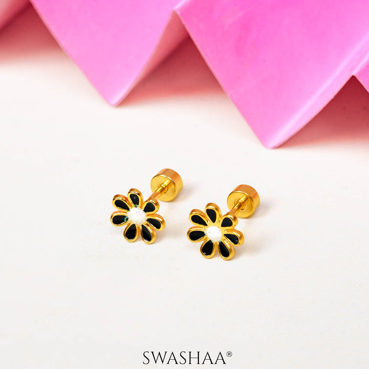 Miss Black Flower 18K Gold Plated Kid's Earrings