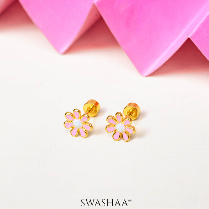 Miss Pink Flower 18K Gold Plated Kid's Earrings