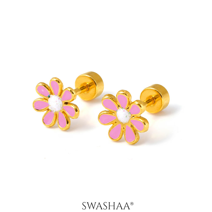 Miss Pink Flower 18K Gold Plated Kid's Earrings