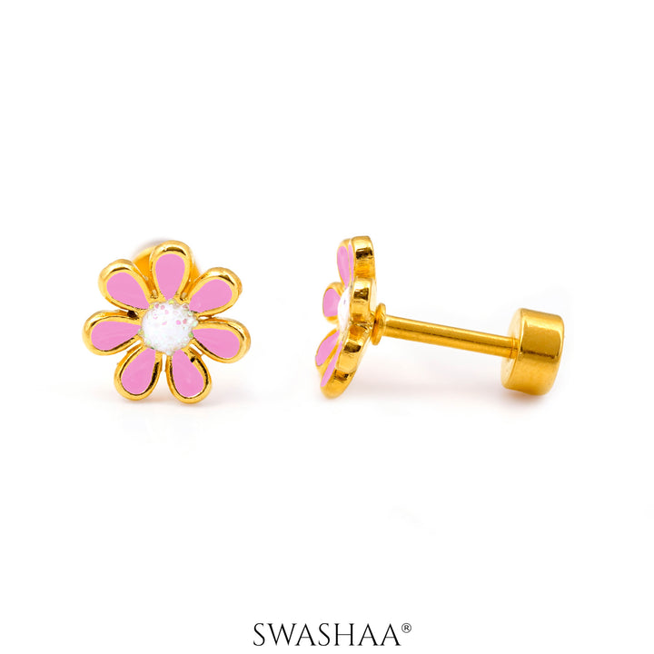 Miss Pink Flower 18K Gold Plated Kid's Earrings