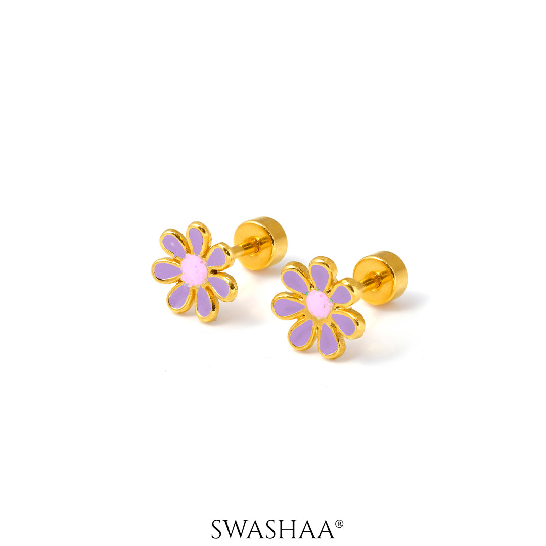 Miss Purple Flower 18K Gold Plated Kid's Earrings