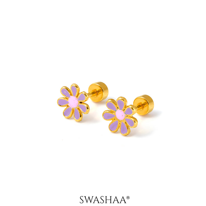 Miss Purple Flower 18K Gold Plated Kid's Earrings