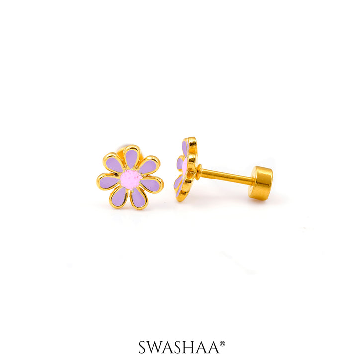 Miss Purple Flower 18K Gold Plated Kid's Earrings