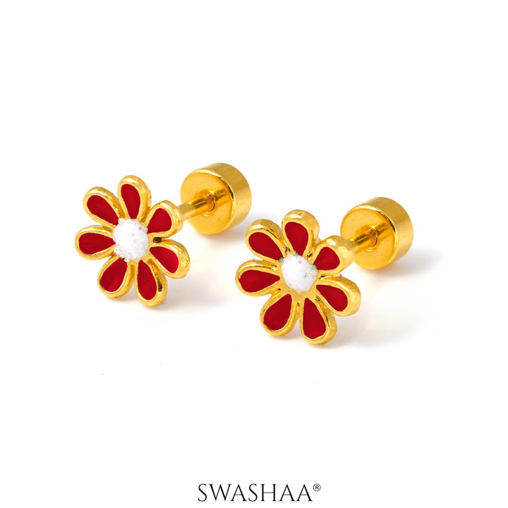 Miss Red Flower 18K Gold Plated Kid's Earrings