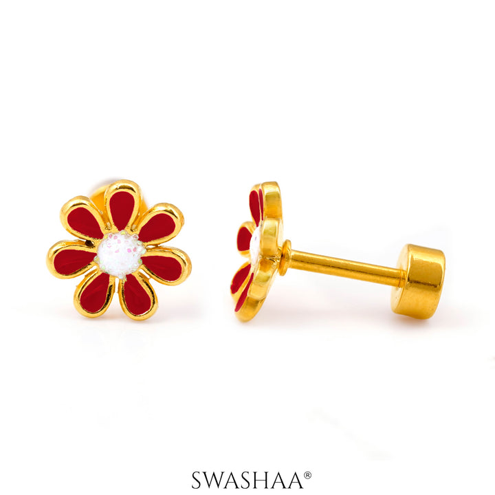 Miss Red Flower 18K Gold Plated Kid's Earrings