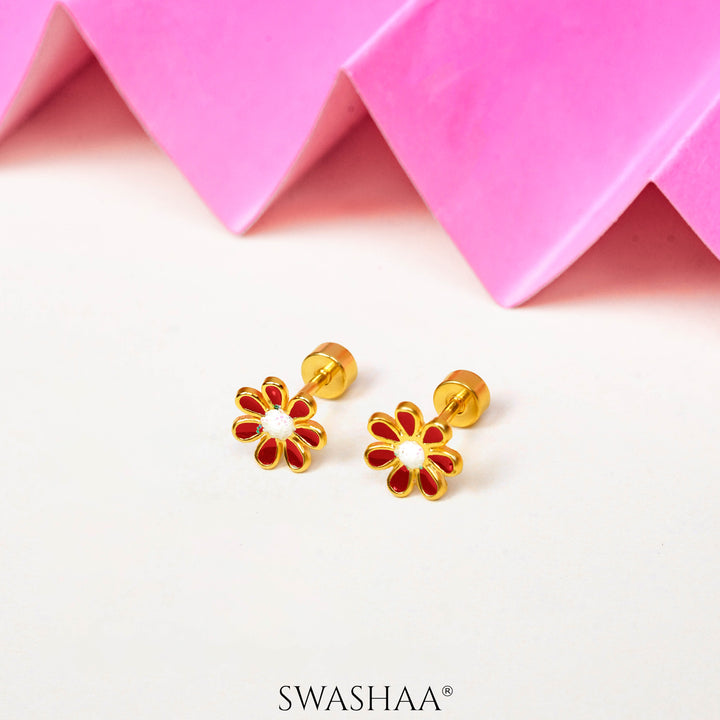 Miss Red Flower 18K Gold Plated Kid's Earrings