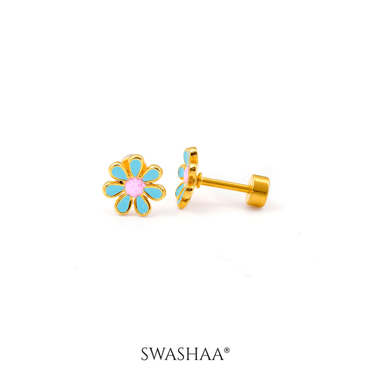 Miss Sky Blue Flower 18K Gold Plated Kid's Earrings