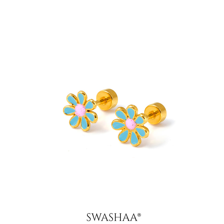 Miss Sky Blue Flower 18K Gold Plated Kid's Earrings