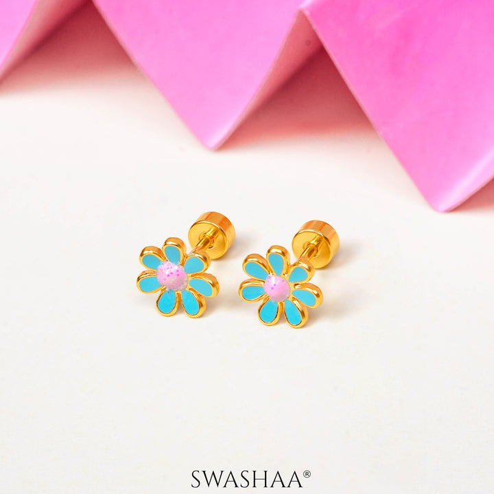 Miss Sky Blue Flower 18K Gold Plated Kid's Earrings