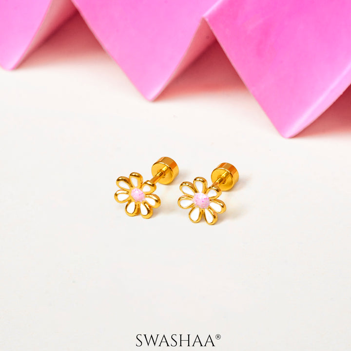 Miss White Flower 18K Gold Plated Kid's Earrings