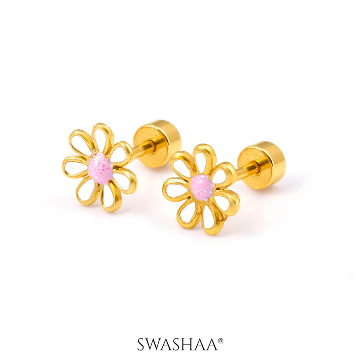 Miss White Flower 18K Gold Plated Kid's Earrings