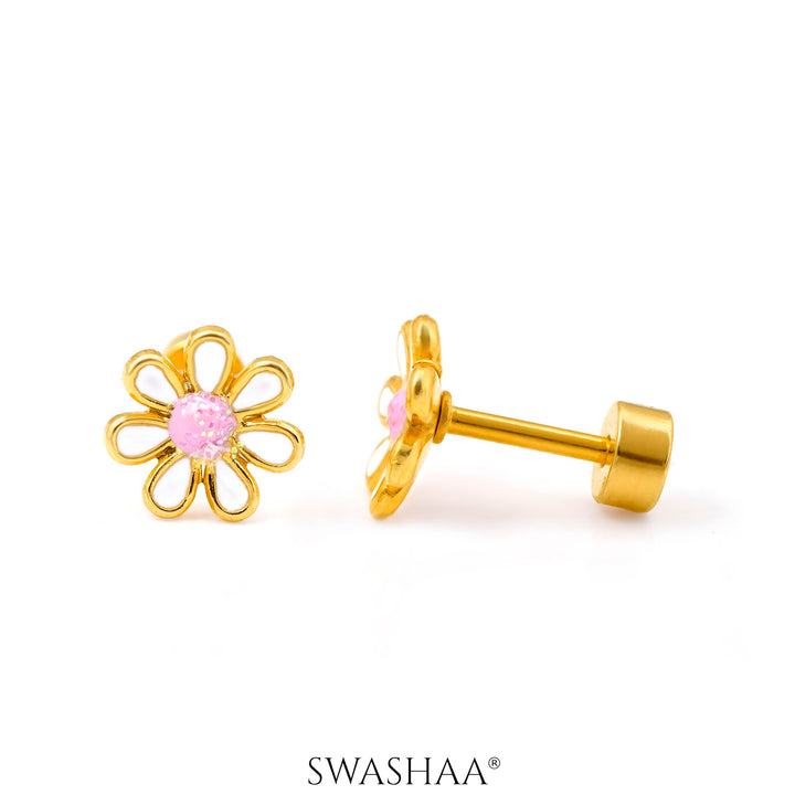 Miss White Flower 18K Gold Plated Kid's Earrings