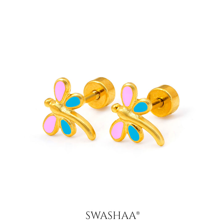 Pink - Sky Blue Dragonfly 18K Gold Plated Kid's Earrings