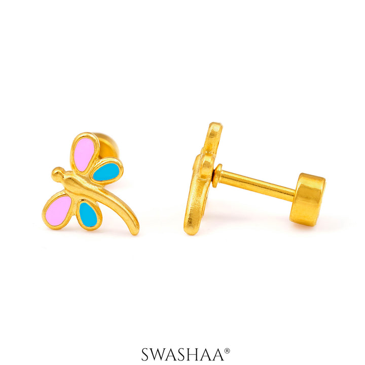 Pink - Sky Blue Dragonfly 18K Gold Plated Kid's Earrings