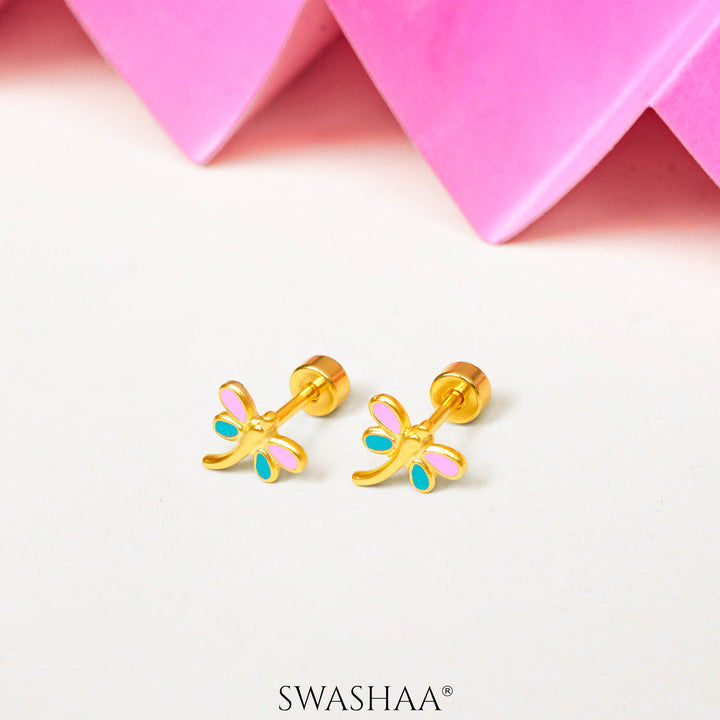 Pink - Sky Blue Dragonfly 18K Gold Plated Kid's Earrings