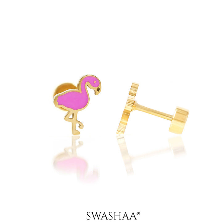 Pink Flamingo 18K Gold Plated Kid's Earrings