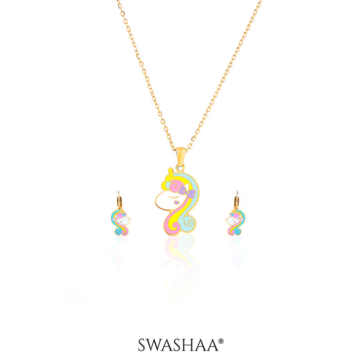 Unicorn Face 18K Gold Plated Kid's Pendant Necklace Set