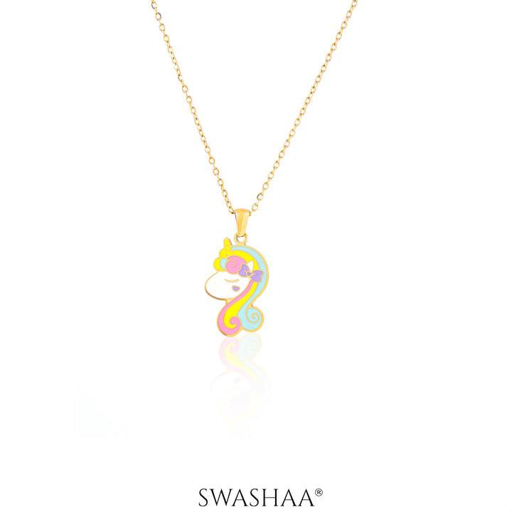 Unicorn Face 18K Gold Plated Kid's Pendant Necklace Set