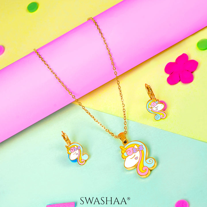 Unicorn Face 18K Gold Plated Kid's Pendant Necklace Set