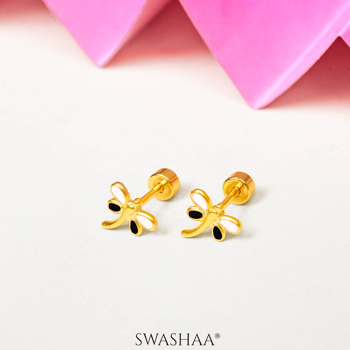 White - Black Dragonfly 18K Gold Plated Kid's Earrings